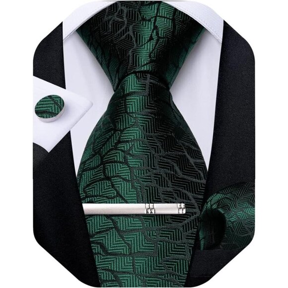 🆕Men Green Plaid Silk Checkered Necktie Pocket Square Cufflinks Tie Clip Set